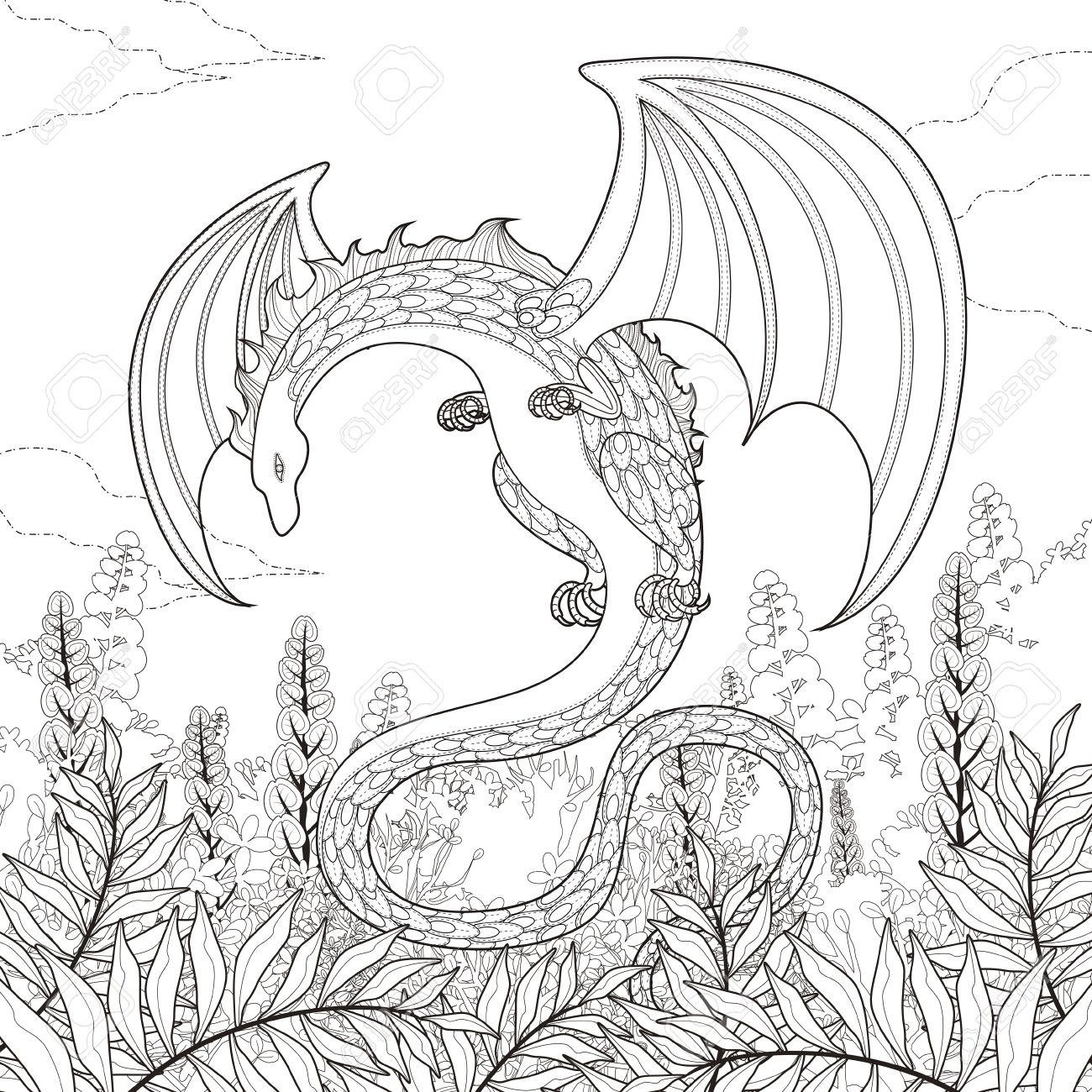 myst¨re Coloriage dragon dans un style exquis Banque d images