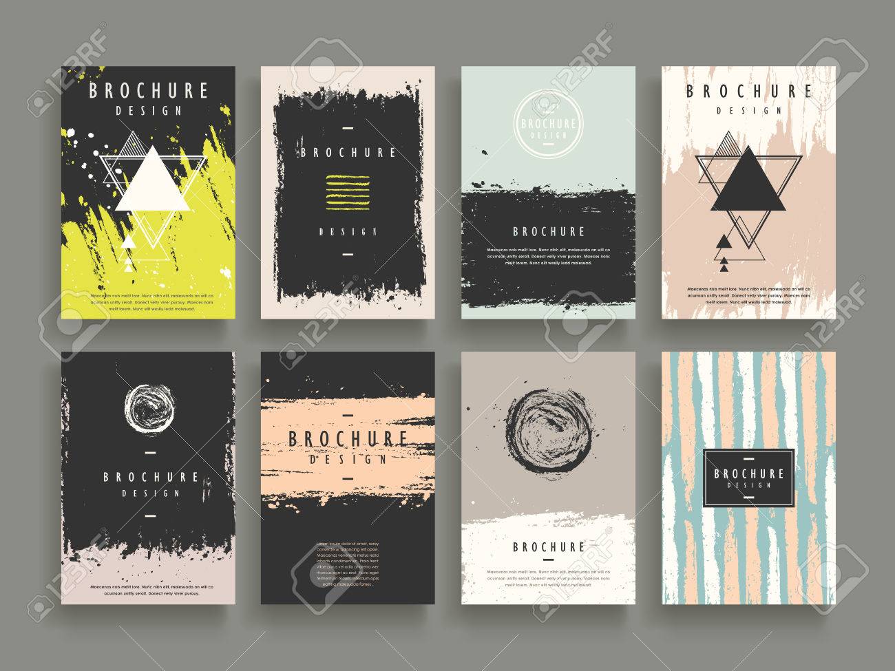 魅力的なパンフレット テンプレート デザインと幾何学的な設定 ブラシ ストロークの要素 のイラスト素材 ベクタ Image