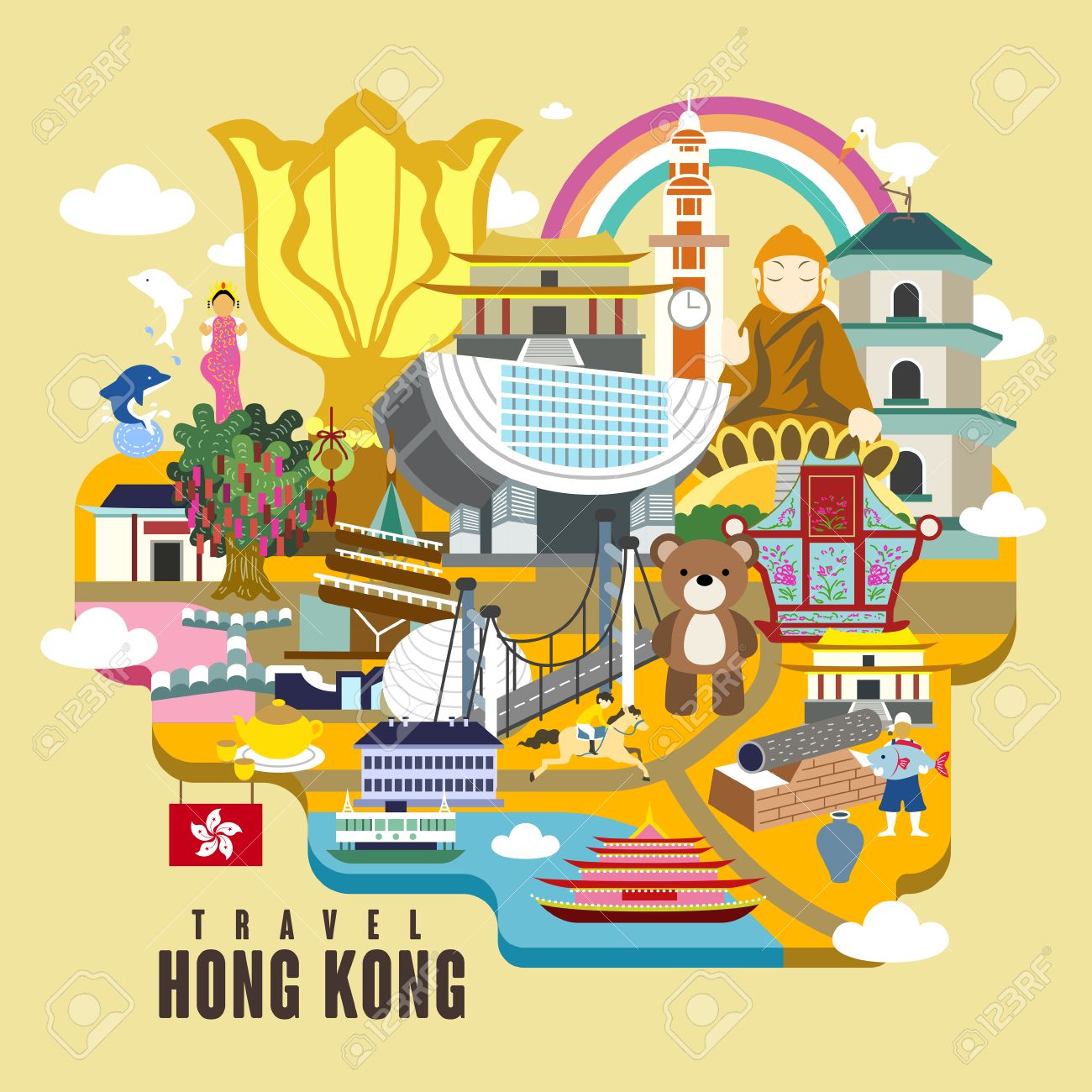 Hong Kong 旅行フラット スタイル観光ポスター デザインのイラスト素材 ベクタ Image