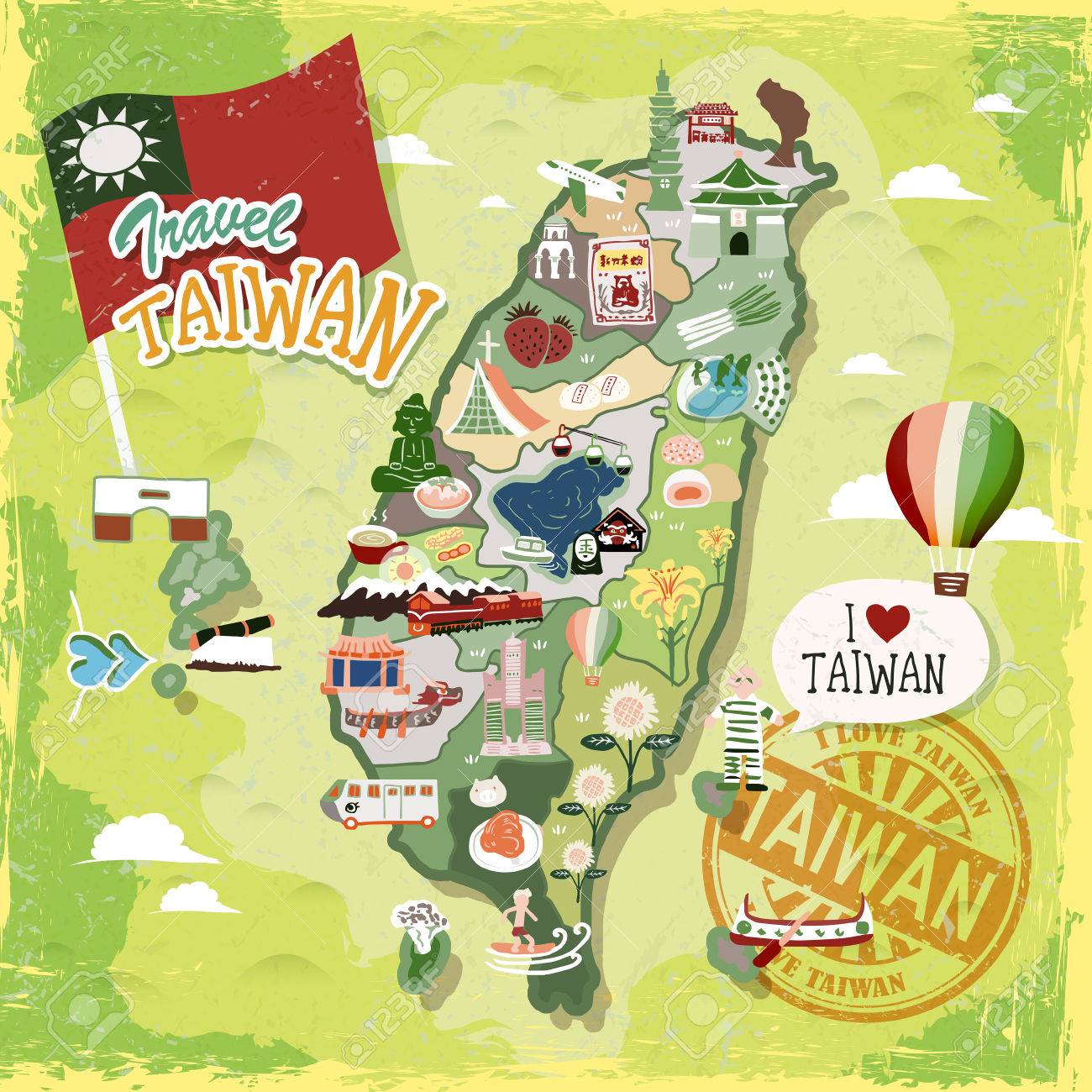 豊富な観光スポットや名物の台湾旅行地図 のイラスト素材 ベクタ Image