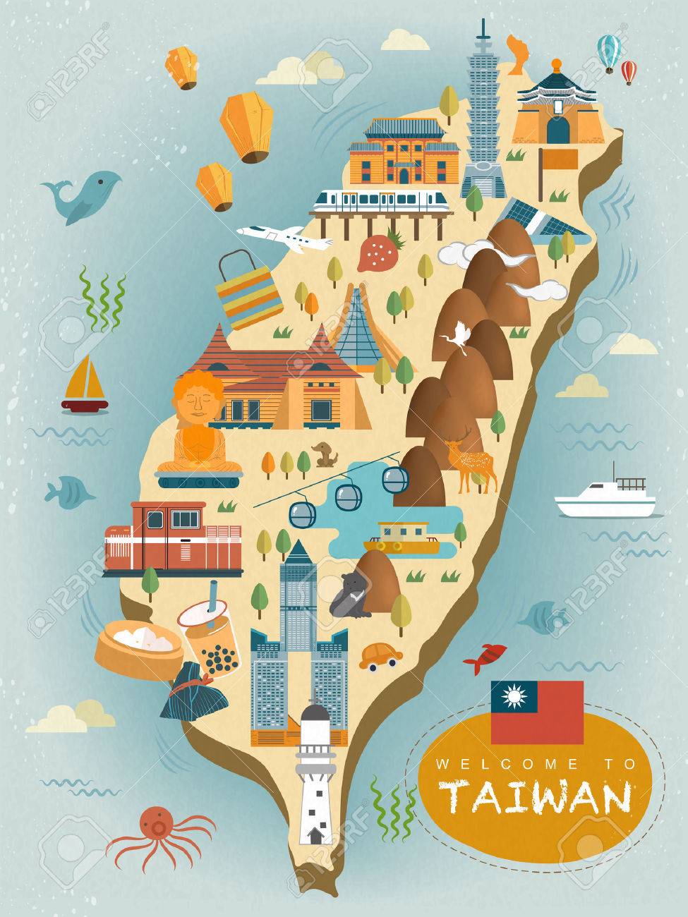 Encantadora Taiwan Mapa De Diseno En Estilo Plana
