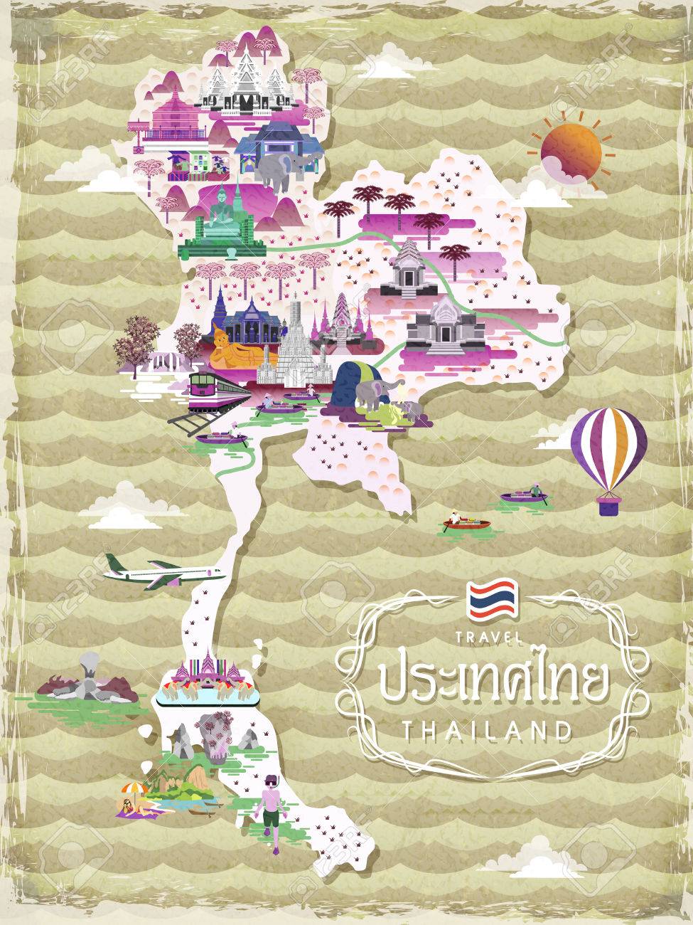 魅力的なタイ旅行地図 タイトルの言葉はタイ語でタイ国の名前のイラスト素材 ベクタ Image 魅力的なタイ旅行地図 タイトルの言葉はタイ語でタイ国の名前のイラスト素材 ベクタ Image