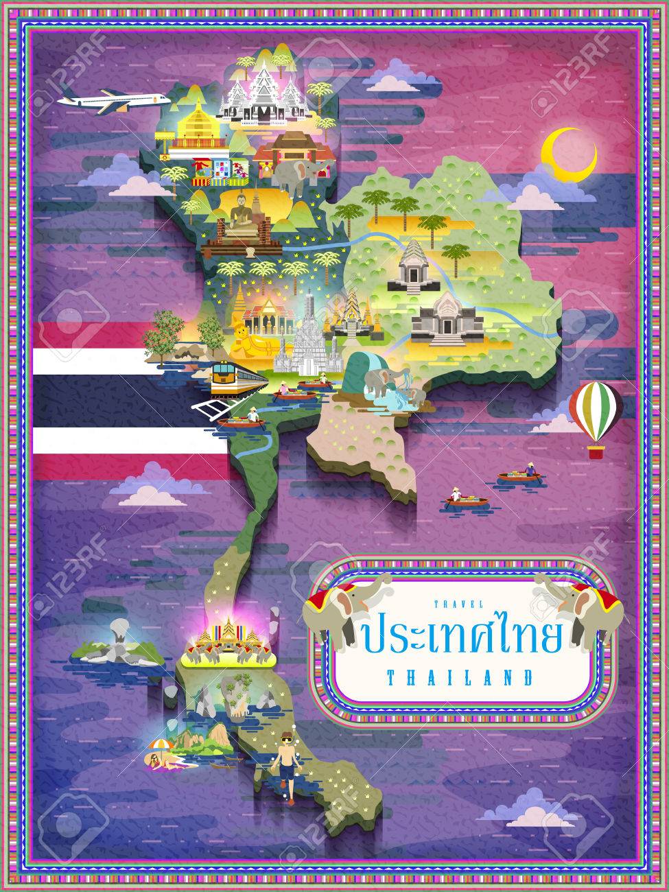 魅力的なタイ旅行地図 タイトルの言葉はタイ語でタイ国の名前のイラスト素材 ベクタ Image 魅力的なタイ旅行地図 タイトルの言葉はタイ語でタイ国の名前のイラスト素材 ベクタ Image