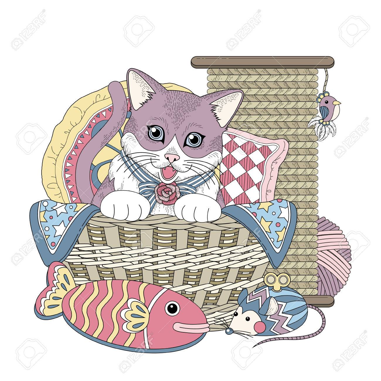 Adorable Chaton Dans Panier Coloriage En Ligne Exquise Clip Art Libres De Droits Svg Vecteurs Et Illustration Image
