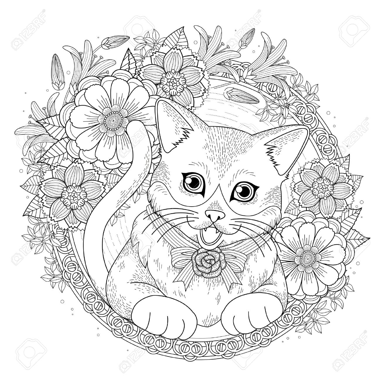 adorable Coloriage chat avec couronne de fleurs en ligne exquise Banque d images