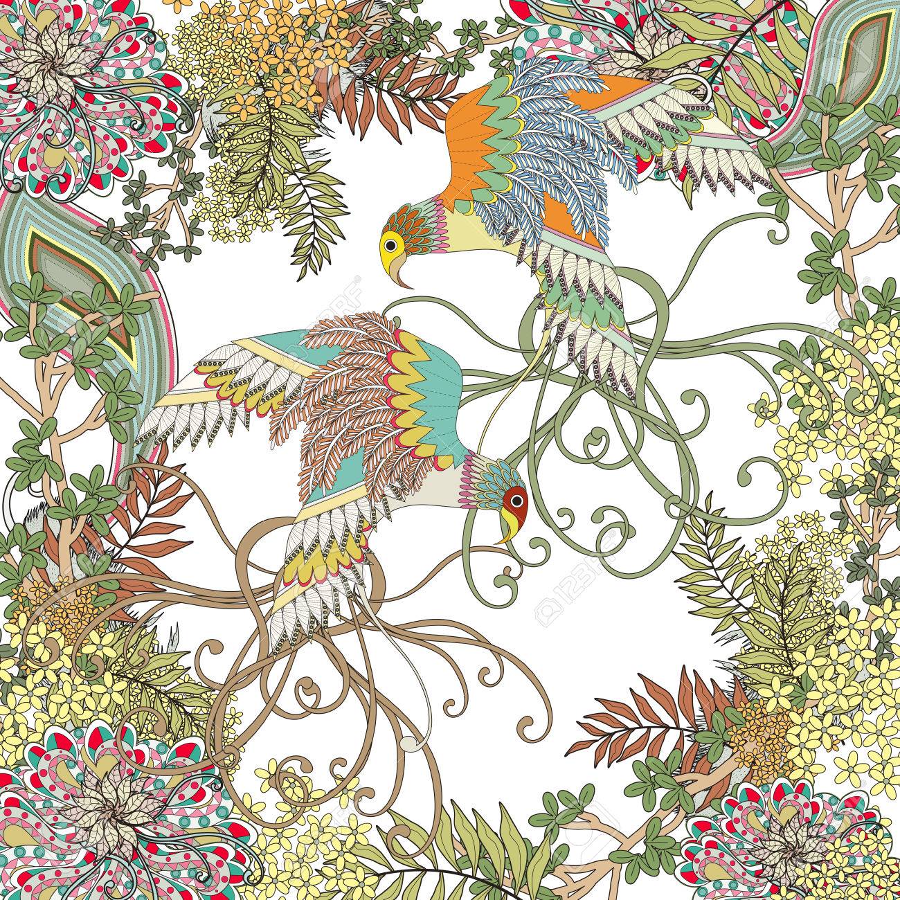 Belle Voler Coloriage Oiseau Avec Des éléments Floraux En Ligne Exquise