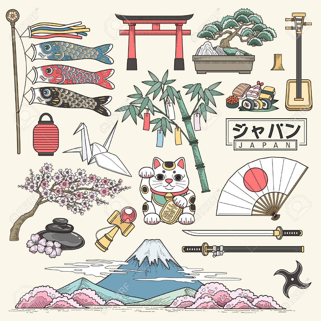 exquisite Japan travel elements collection in line style - Japan country name in Japanese words - 50046082 exquisite Japan travel elements collection in line style - Japan country name in Japanese words - 50046082