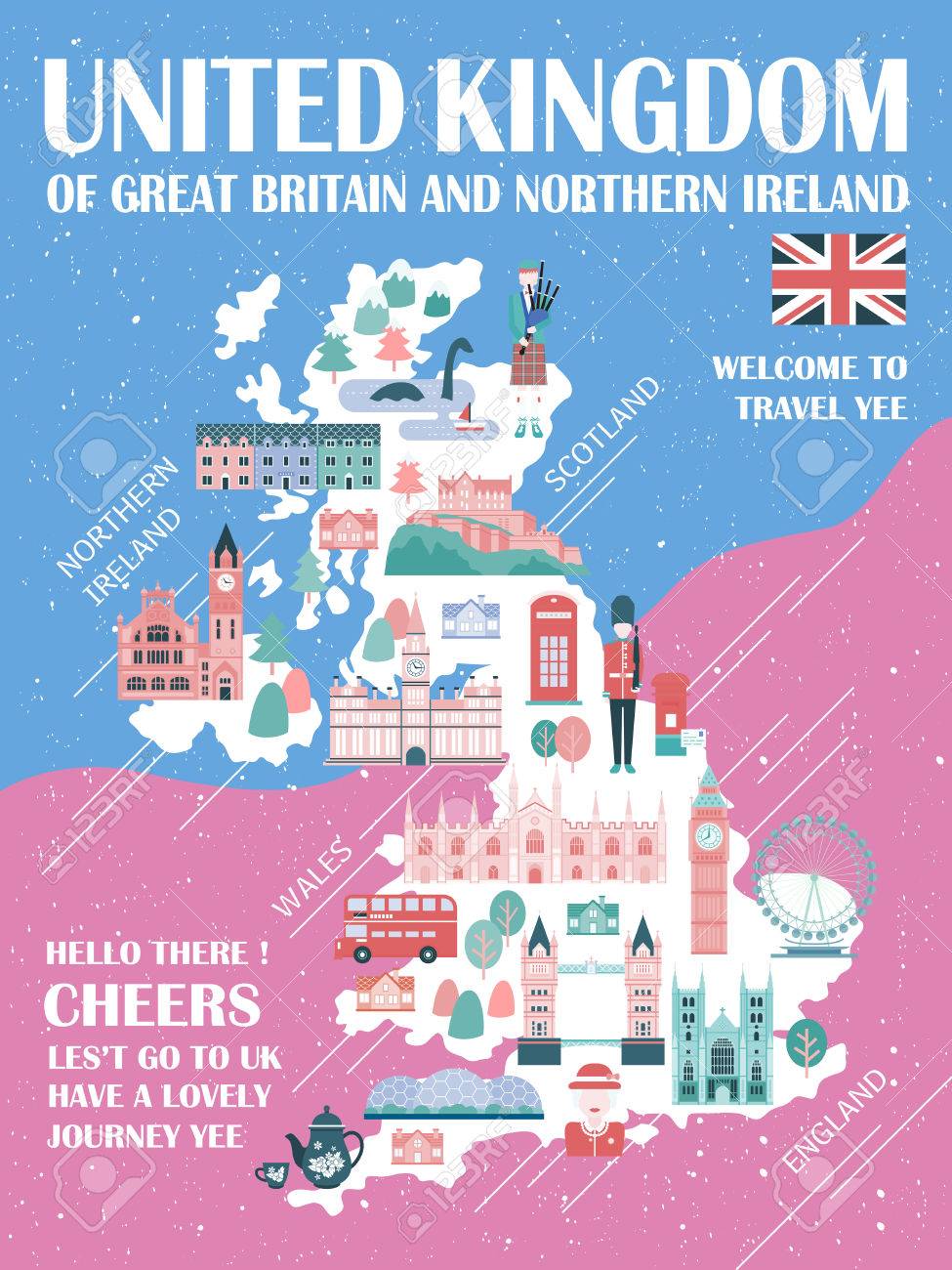 lovely united kingdom travel map with attractions stock vector 52655215