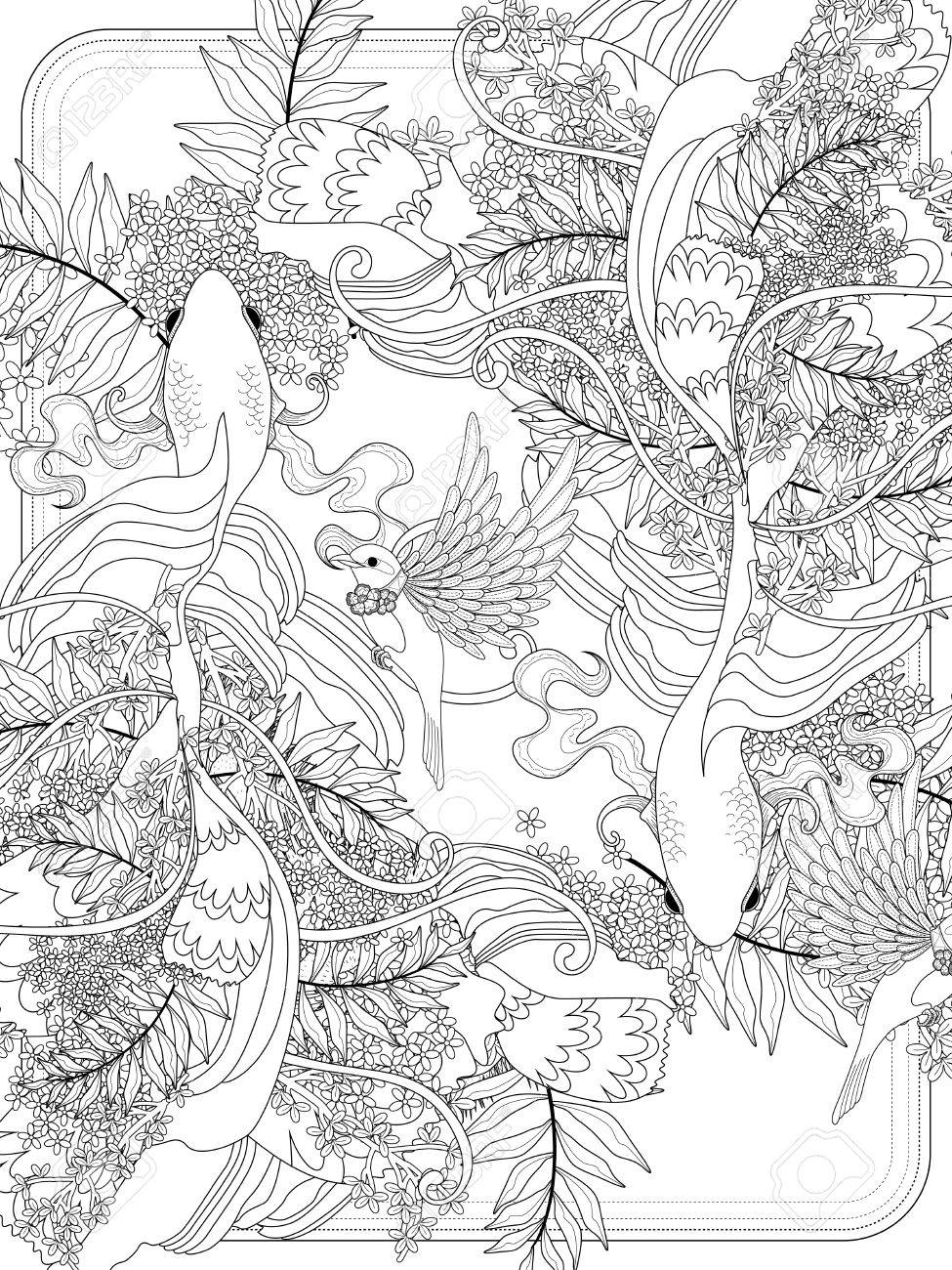 優美な金魚泳いで水中 大人のぬりえのイラスト素材 ベクタ Image 55905248