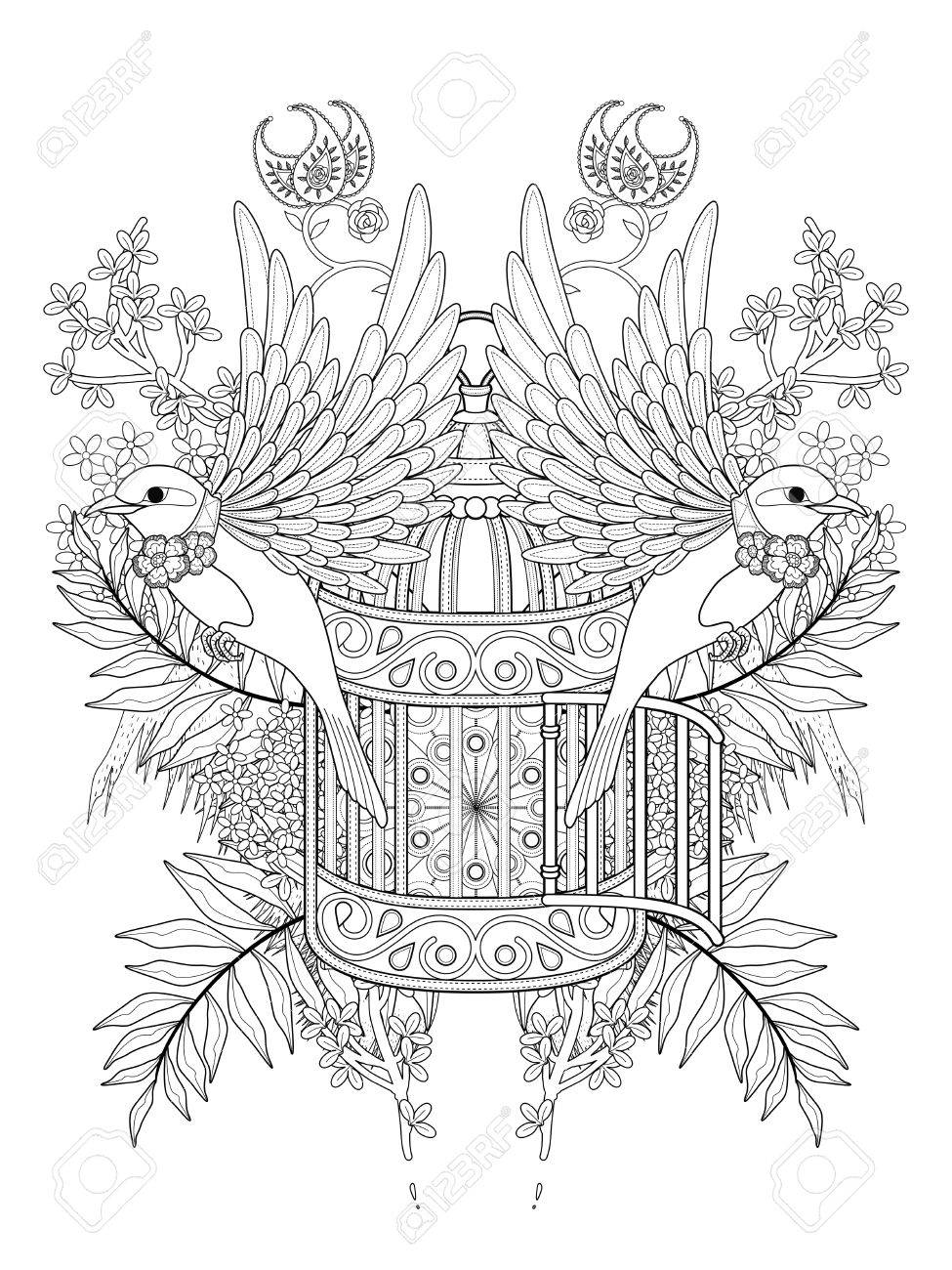 Bénédiction Oiseaux Coloriage Adulte Avec Des éléments Floraux