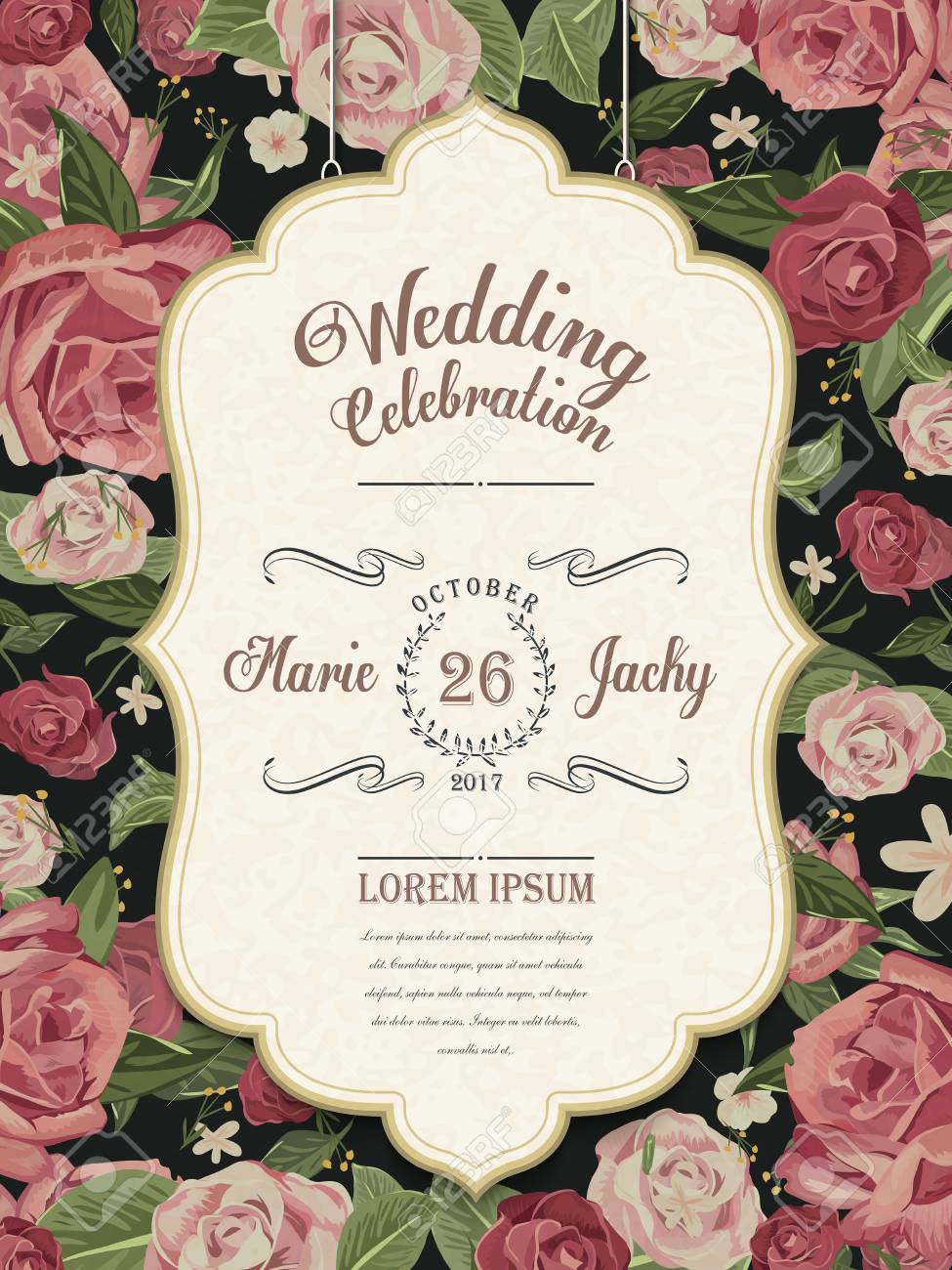 バラのフレームにレトロな結婚式お祝いポスター デザインのイラスト素材 ベクタ Image