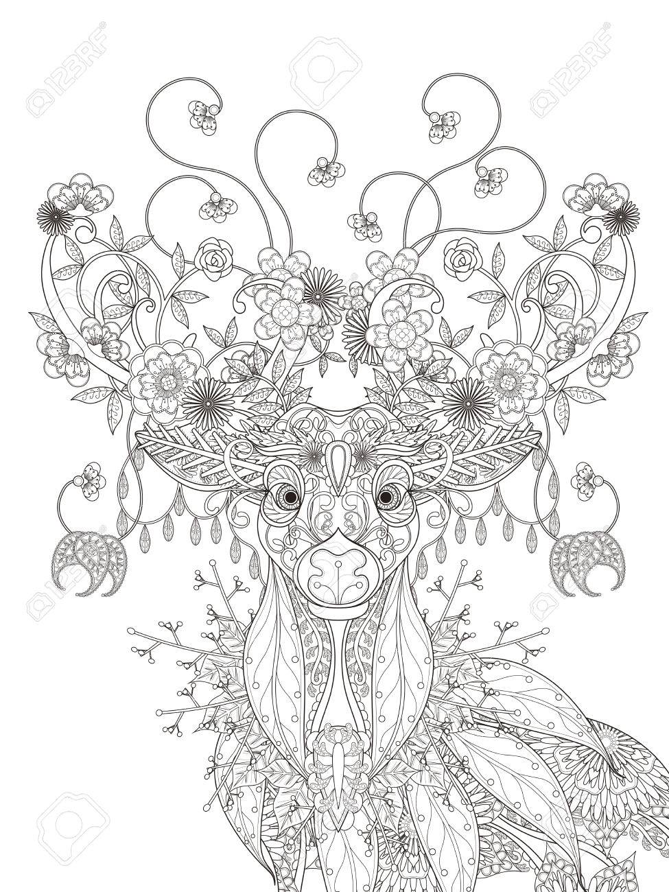 大人ぬりえページ 抽象的な魅力的な花鹿のイラスト素材 ベクタ Image 56914045