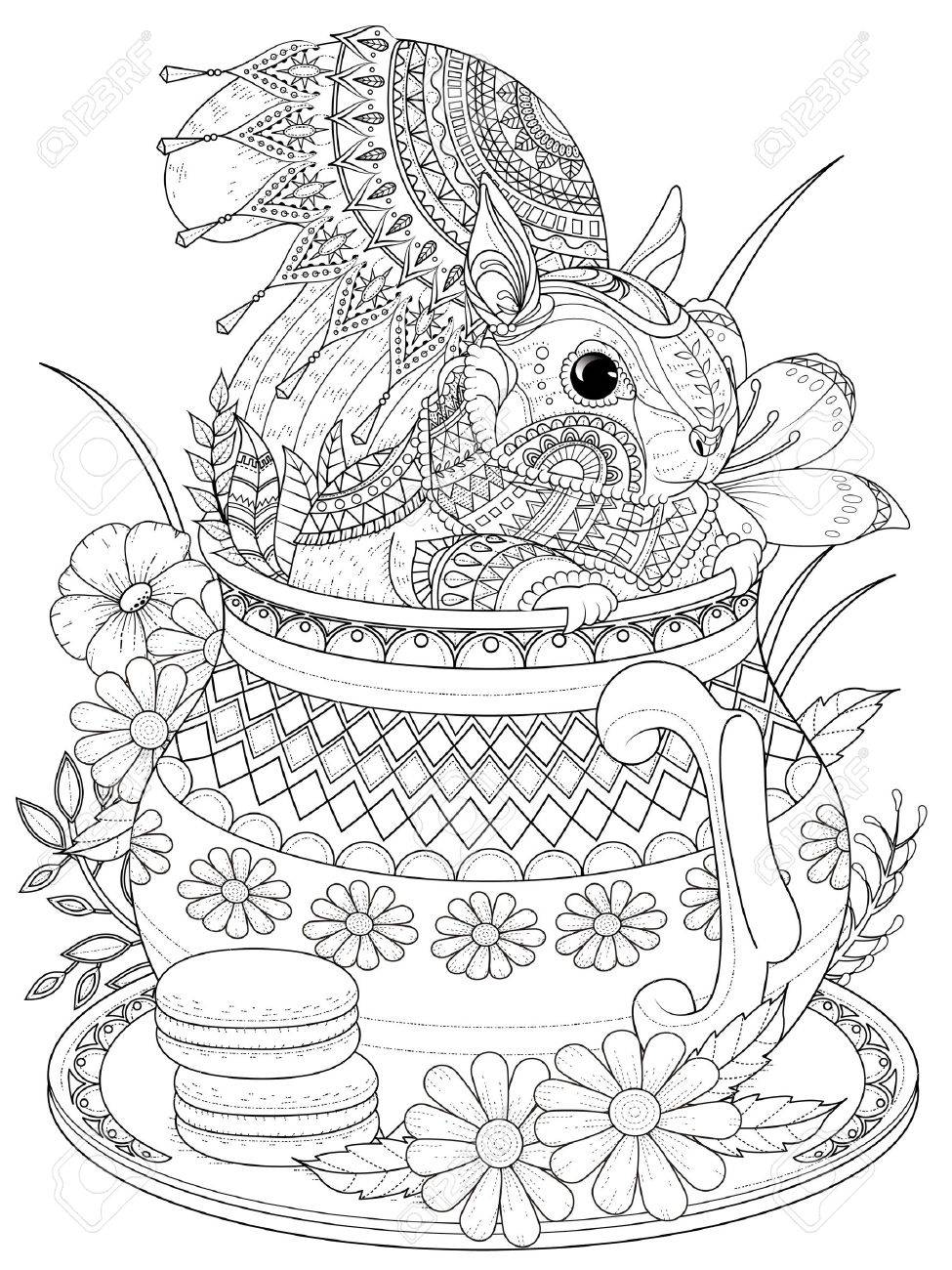 大人ぬりえページ ティーポットの愛らしいリスのイラスト素材 ベクタ Image 56914073