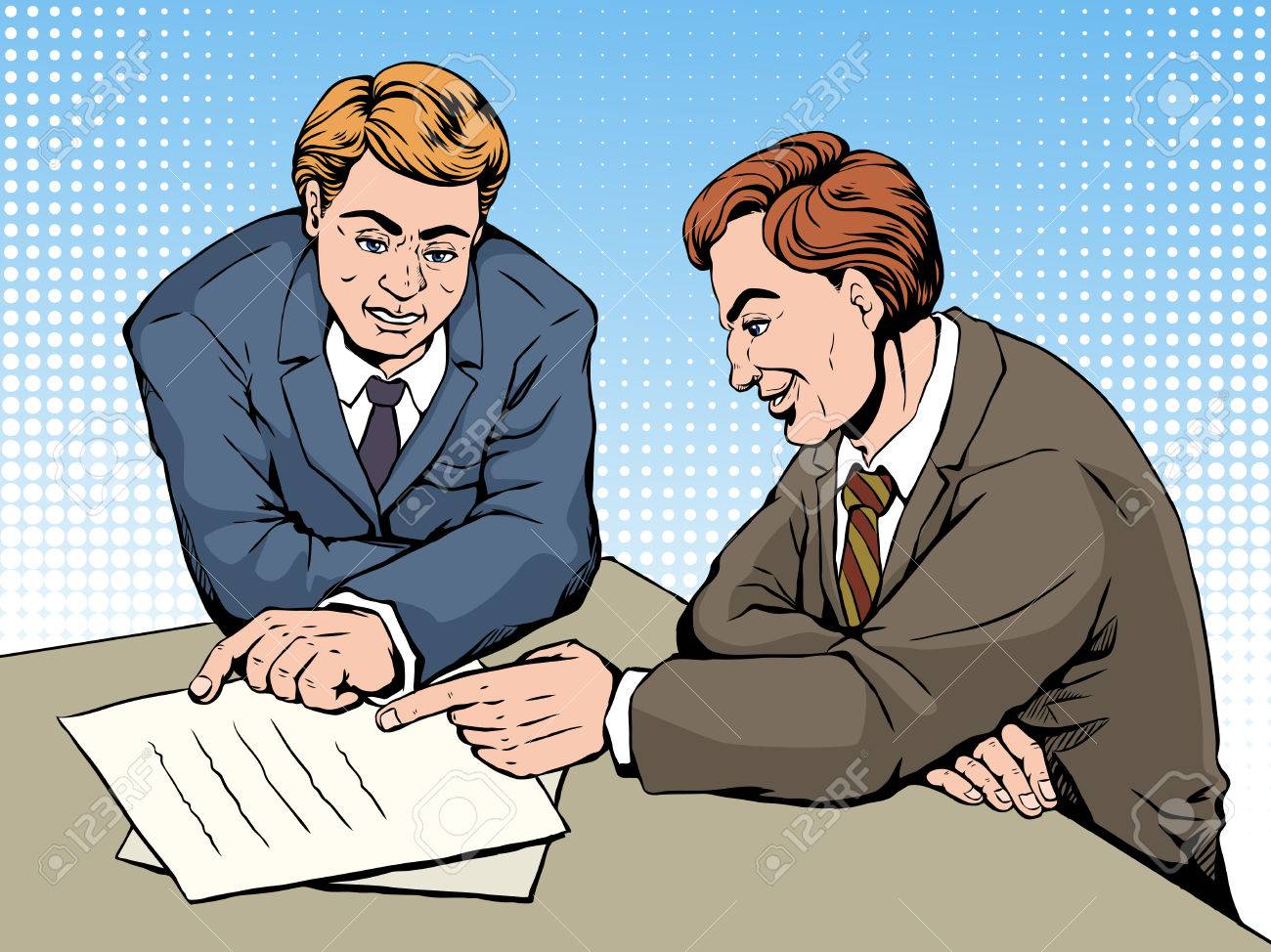 ポップ アート イラストやレトロ コミック スタイル 男性の契約について議論します のイラスト素材 ベクタ Image