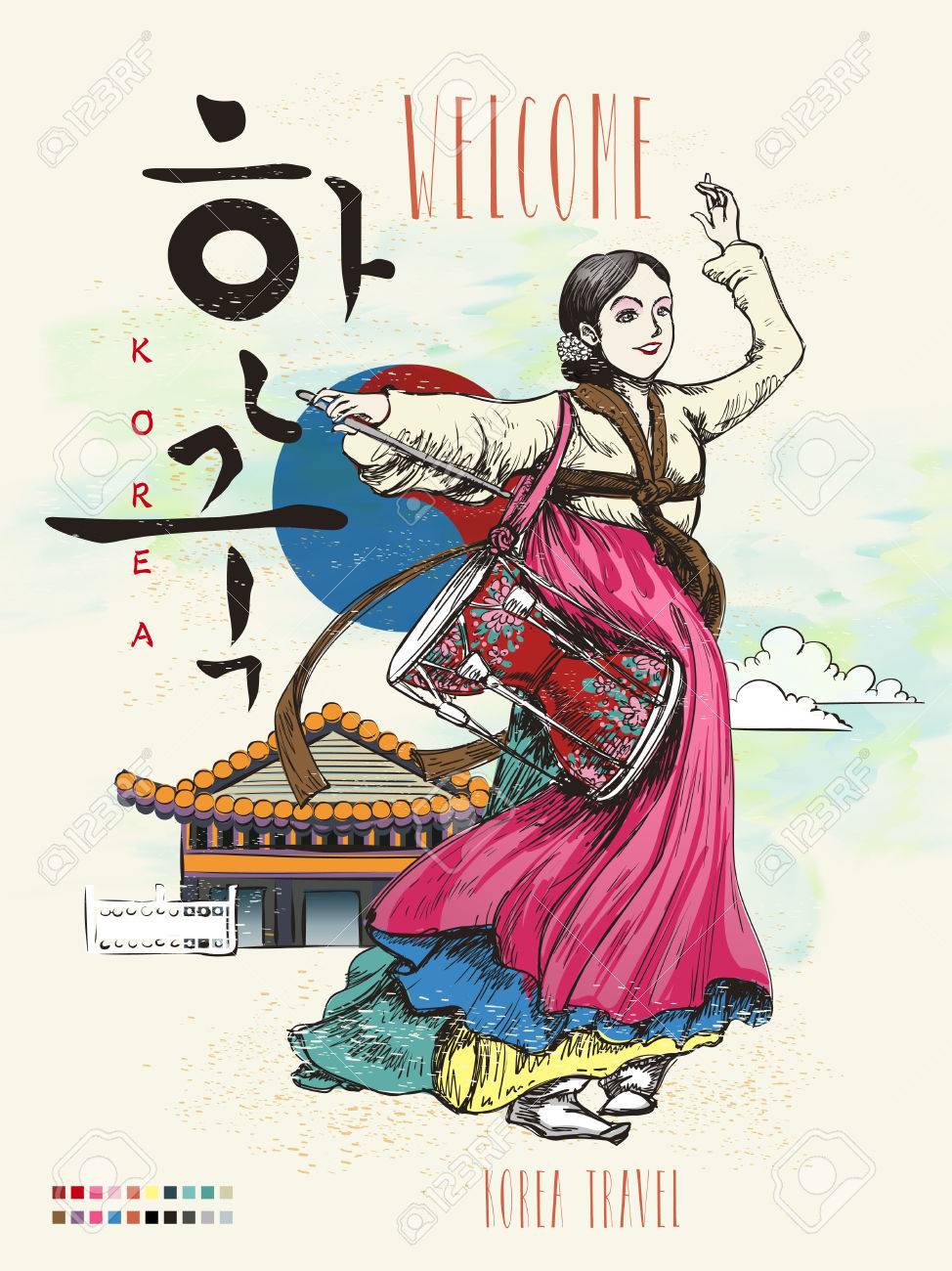 伝統的な Janggo ダンス 韓国朝鮮語で書かれた韓国ポスターのイラスト素材 ベクタ Image