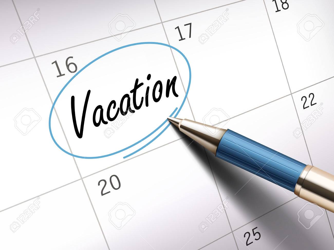 vacation word circle marked on a calendar by a blue pen 3d vacation word