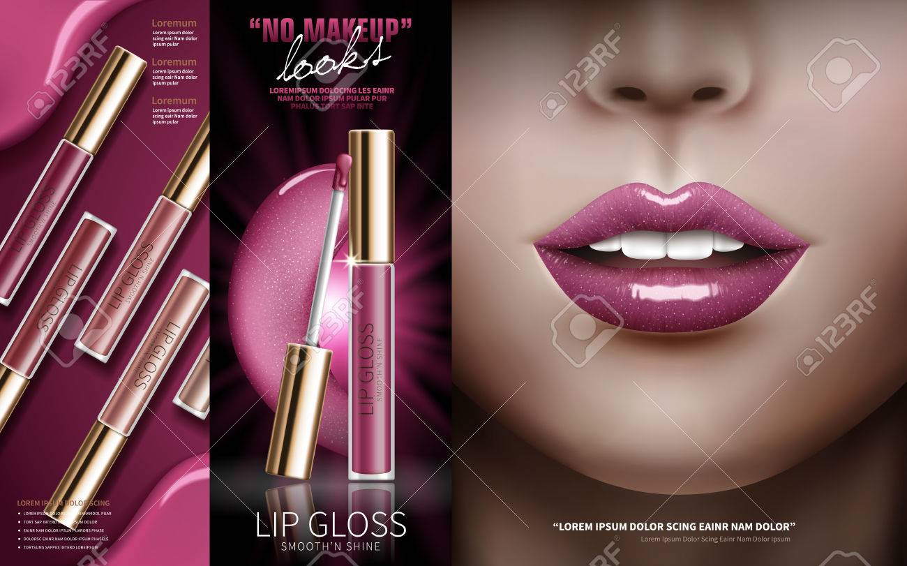 化粧品リップ グロス広告 センターで左 ピンクのリップグロスと 右の色の唇でいくつかの唇光沢の 3 つの部分に区切られた 3 D イラストレーションのイラスト素材 ベクタ Image