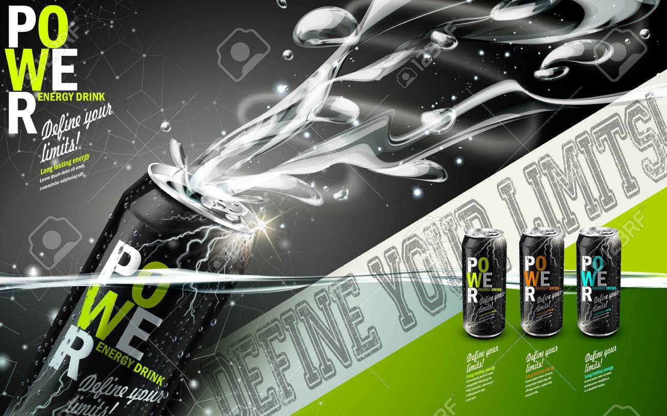 energy drink contained in three kinds of metal cans with refreshing breath elements, gray background - 70613385 energy drink contained in three kinds of metal cans with refreshing breath elements, gray background - 70613385