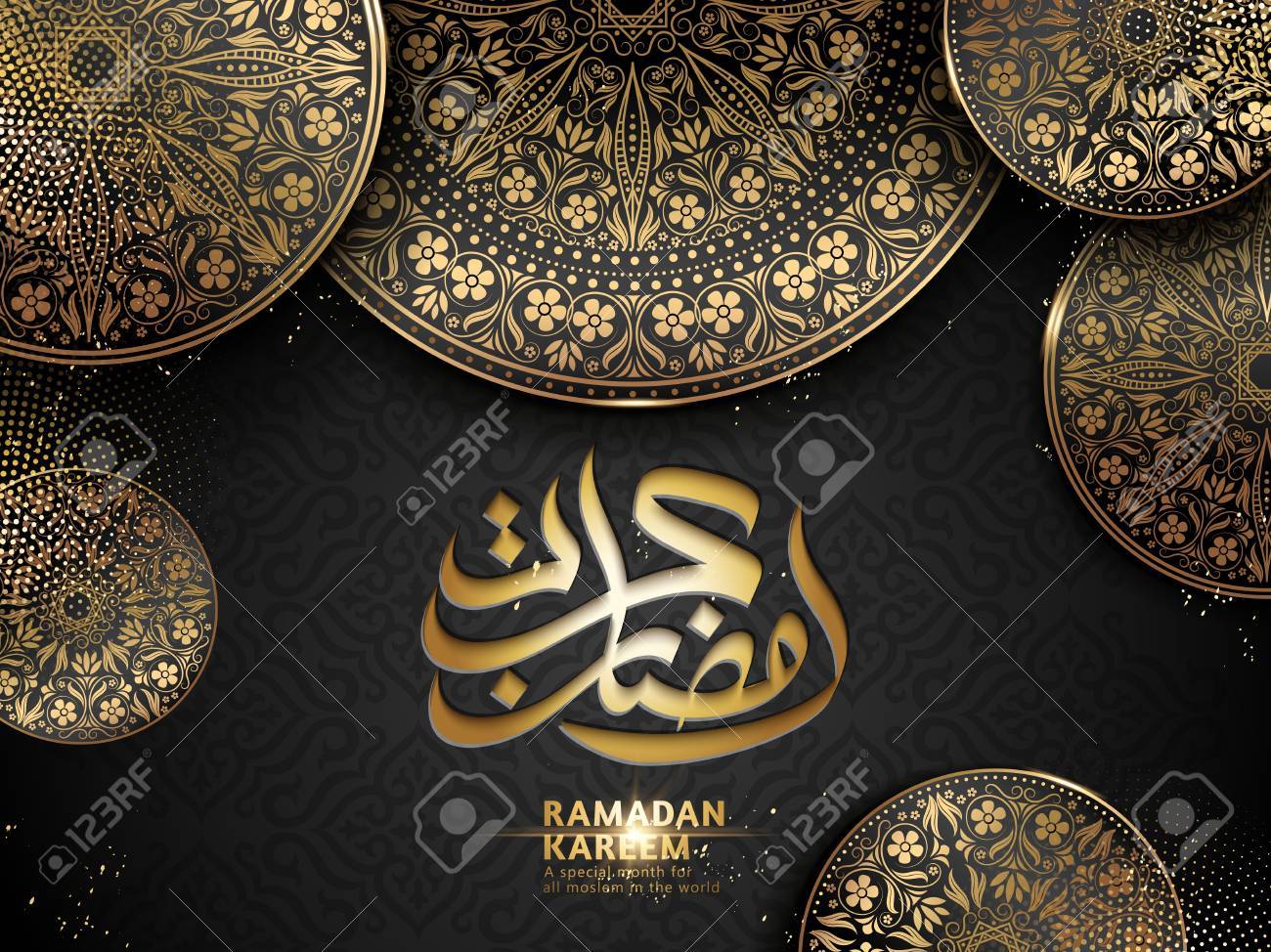 Arabic Calligraphy Design For Ramadan Kareem Black Background With Golden Complicated Patterns Royalty Free Cliparts Vectors And Stock Illustration Image 78696688