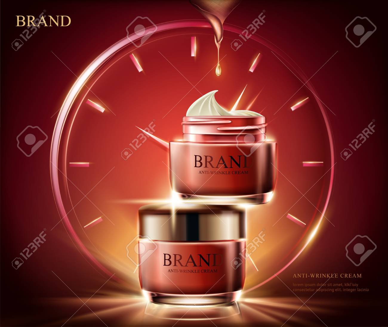アンチシワクリーム広告 3dイラストで時計で構成された光効果を持つ化粧品の赤いクリーム瓶 赤い背景のイラスト素材 ベクタ Image