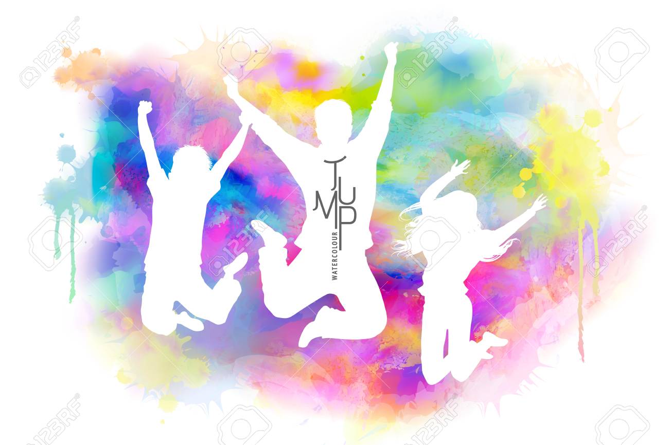 水彩画ジャンプの人々 若い男の子と女の子は 水彩画のストロークで勝利ポーズ のイラスト素材 ベクタ Image