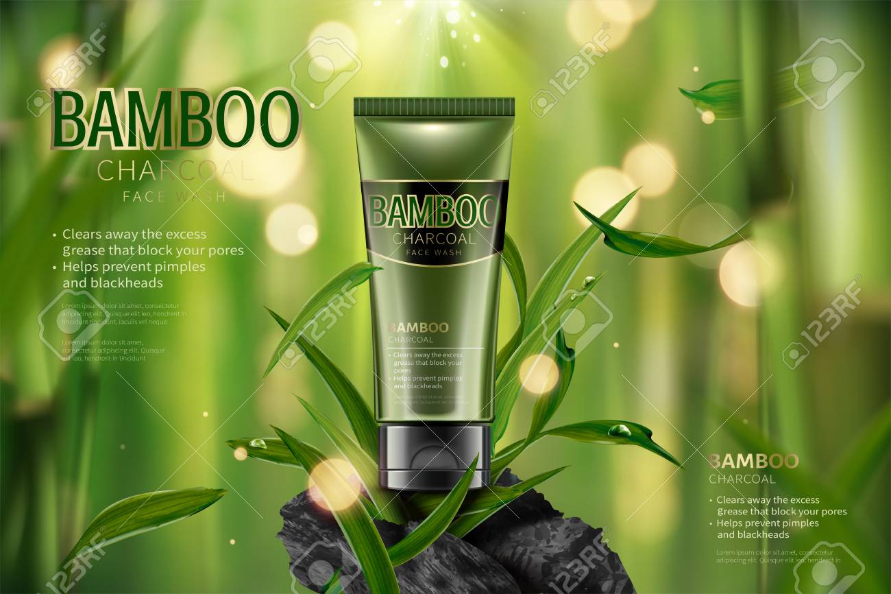 Bamboo charcoal face wash ads in 3d illustration, tranquil bamboo forest scene with leaves and carbon - 109899979 Bamboo charcoal face wash ads in 3d illustration, tranquil bamboo forest scene with leaves and carbon - 109899979