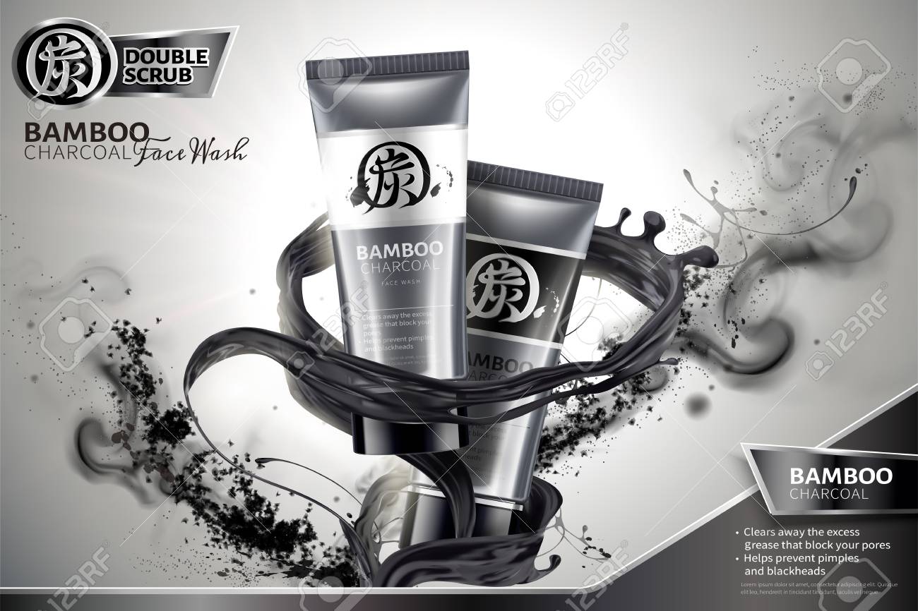 Bamboo charcoal face wash ads with black liquid and ashes swirling in the air in 3d illustration, Carbon in Chinese word on package and upper left - 109899996 Bamboo charcoal face wash ads with black liquid and ashes swirling in the air in 3d illustration, Carbon in Chinese word on package and upper left - 109899996