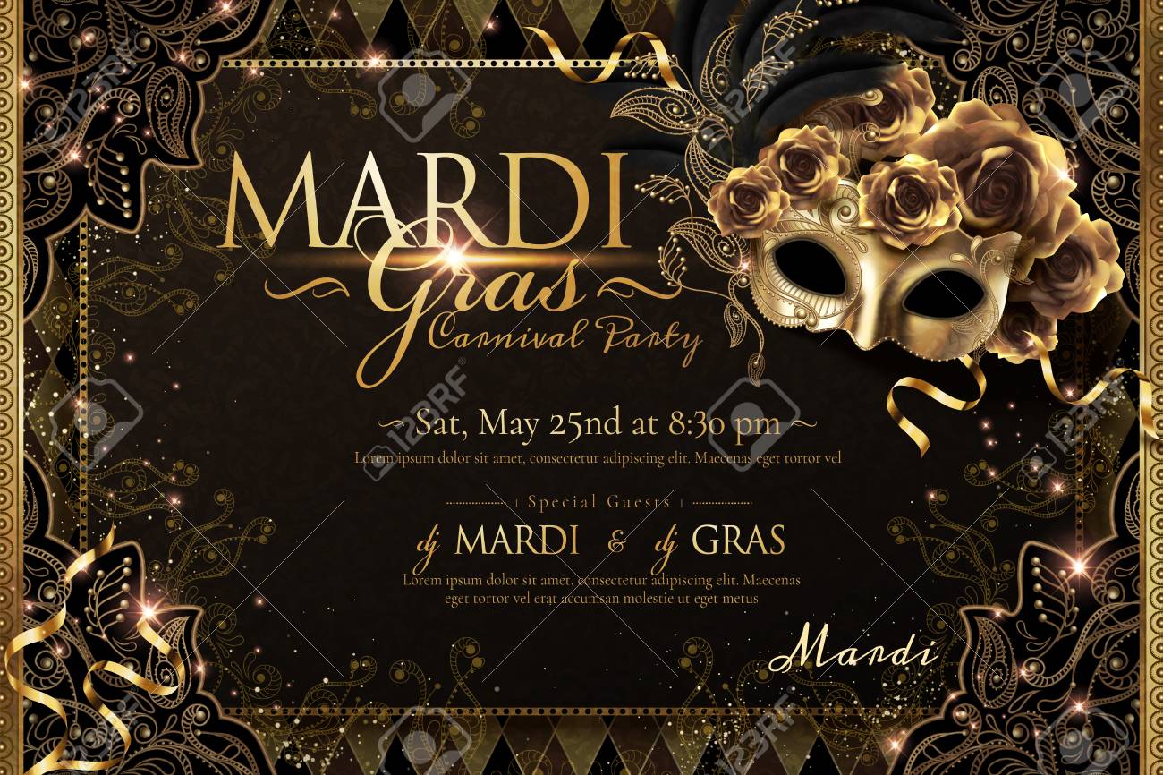 Mardi gras carnival poster design with golden mask and roses in 3d illustration, sparkling background - 126093167 Mardi gras carnival poster design with golden mask and roses in 3d illustration, sparkling background - 126093167