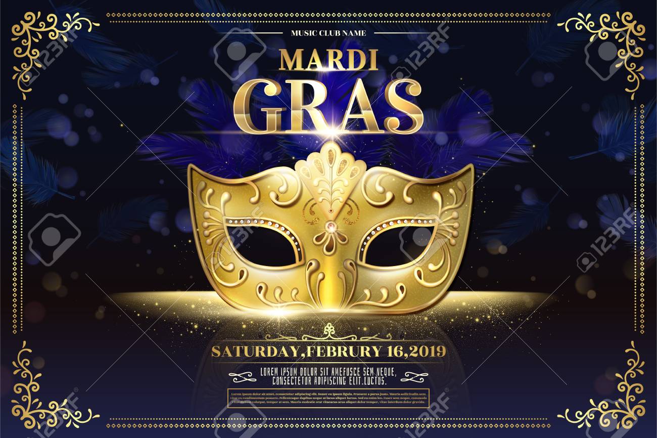 Mardi Gras party design with golden mask on glittering bokeh purple background - 126093193 Mardi Gras party design with golden mask on glittering bokeh purple background - 126093193