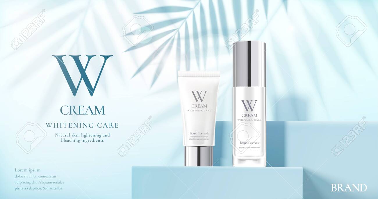 Skin care product set ads with white bottles on blue square podium stage and palm leaves shadows in 3d illustration - 131645231 Skin care product set ads with white bottles on blue square podium stage and palm leaves shadows in 3d illustration - 131645231