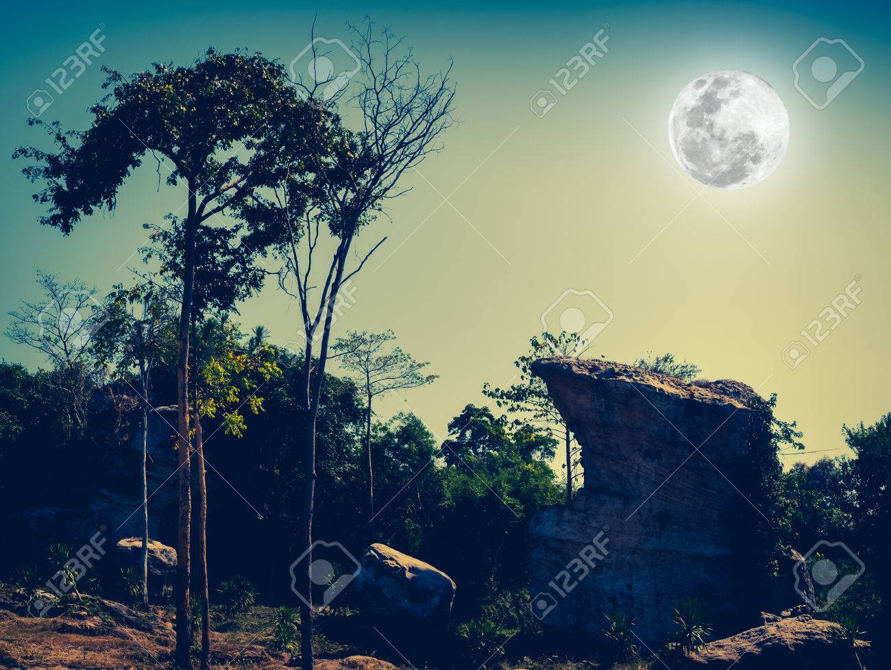 boulders against beautiful sky and full moon over tranquil nature tranquil nature