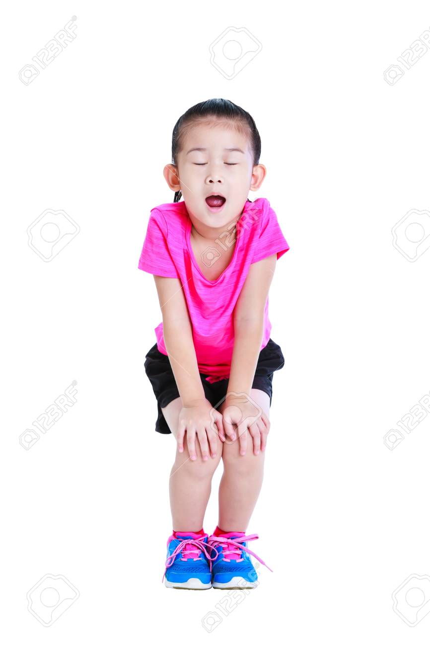 girl eyes closed and open the mouth Asian Child Closing Eyes And Open The Mouth To Speak. Healthy Chinese Girl  Relaxing At Studio. Sports And Active Lifestyle. Runner Kid Standing With  Hands On Her Knees. Isolated On White Background.