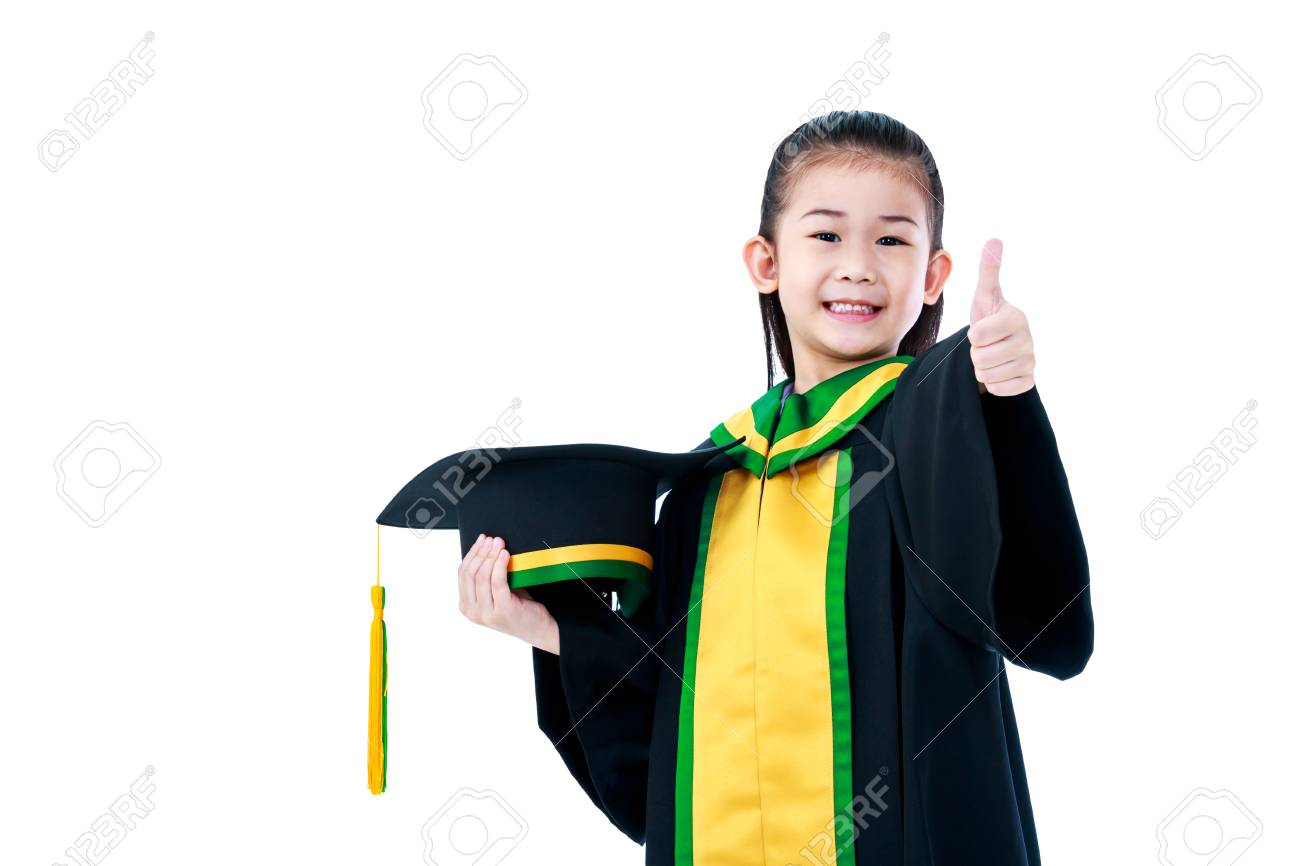 kindergarten graduation happy asian child in graduation gown
