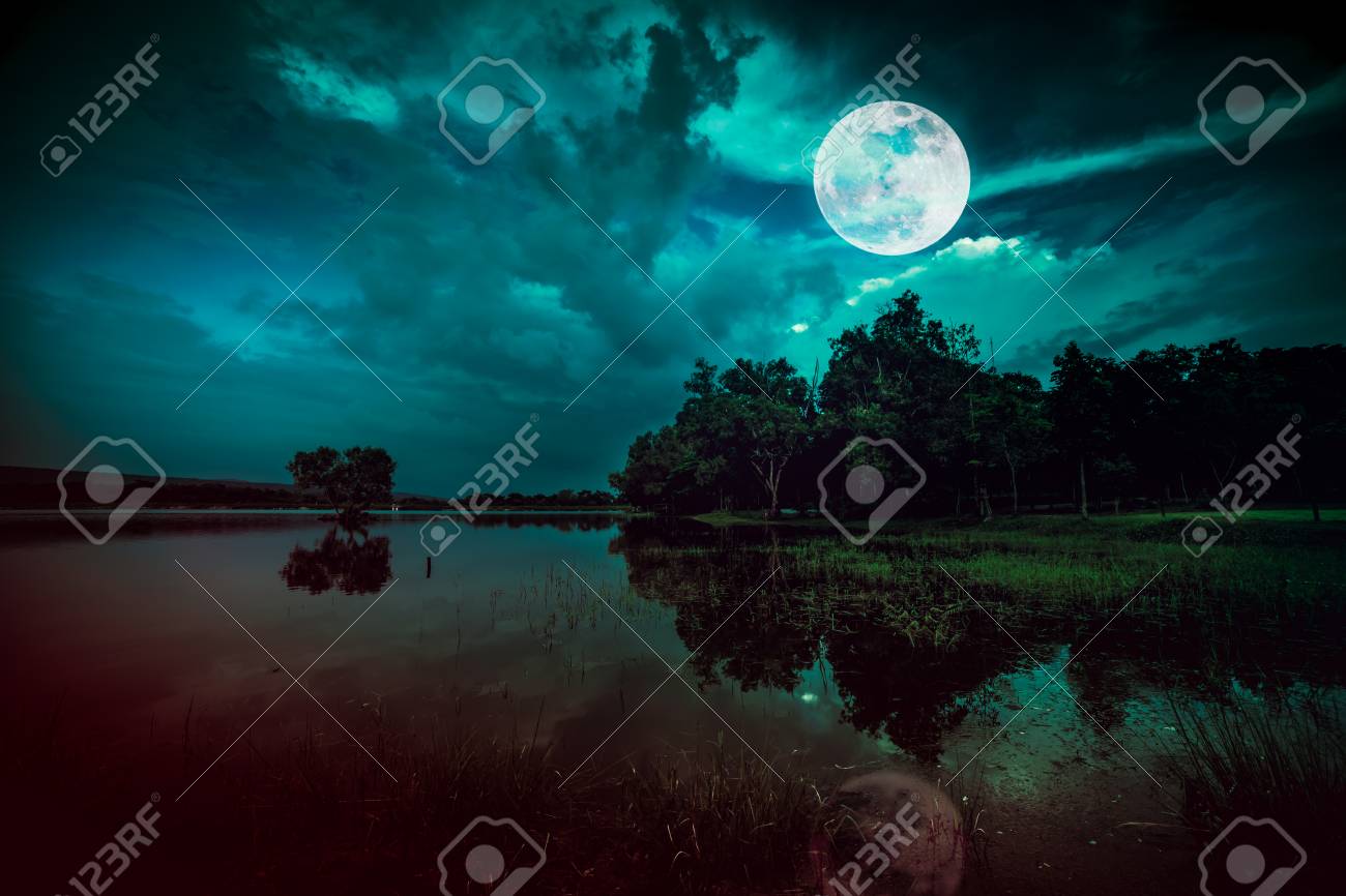 Landscape Of Dark Night Sky Beautiful Bright Full Moon And Cloudy Stock Photo Picture And Royalty Free Image Image 111370963