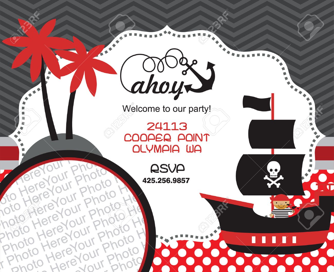 pirate party invitation card with place for photo vector