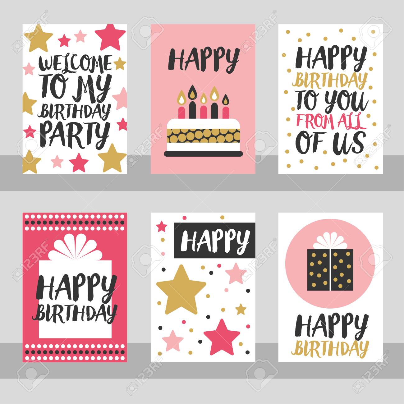 Conjunto De 6 Plantillas De Tarjetas Creativas Lindo Con Diseno De Tema De Feliz Cumpleanos Tarjeta Dibujada Mano Para Cumpleanos Aniversario Invitaciones De Fiesta Album De Recortes Ilustracion Vectorial Ilustraciones Vectoriales Clip
