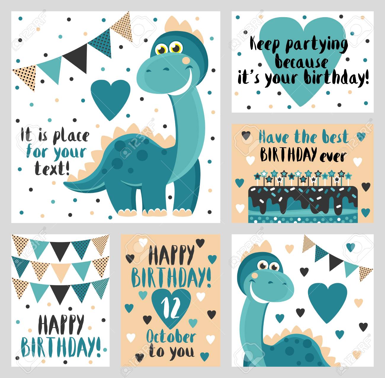 Ensemble De 6 Mignons Cartes Creatives Modeles Avec Design Happy Theme D Anniversaire Main Carte Dessine Pour Anniversaire Invitations De Partie Scrapbooking Vector Illustration Clip Art Libres De Droits Vecteurs Et Illustration