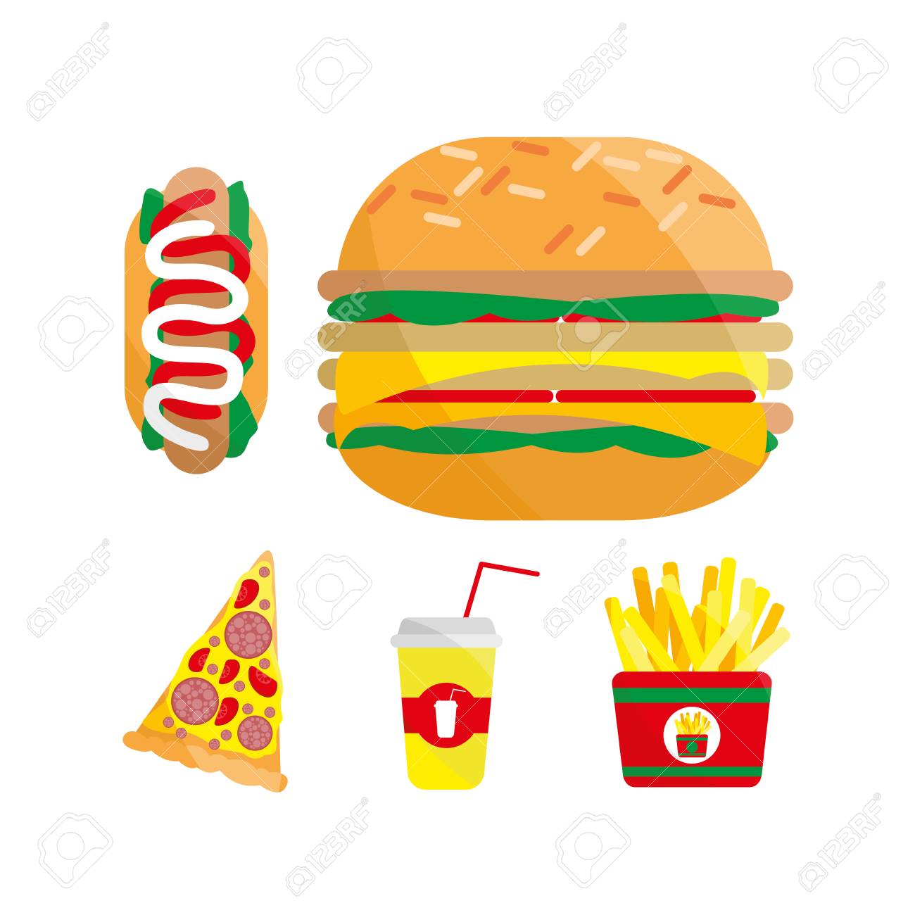 ファーストフードのかわいい漫画のキャラクターのセットです カフェやレストランのメニューのテンプレートです 子供の食べ物 株式ベクトル のイラスト素材 ベクタ Image