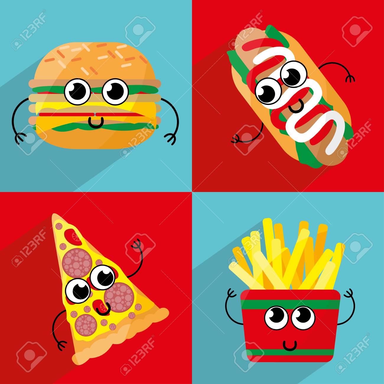 set of cute cartoon fast food characters template for menu of