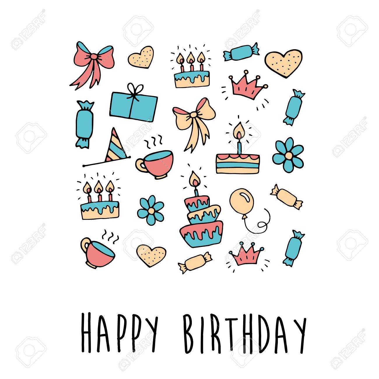 Fond De Vecteur Joyeux Anniversaire Bonbons D Anniversaire Dessines A La Main Eruptions De Fete Chapeaux De Fete Coffrets Cadeaux Et Arcs Guirlandes Et Ballons Notes De Musique Et Feu D Artifice Bougies Sur