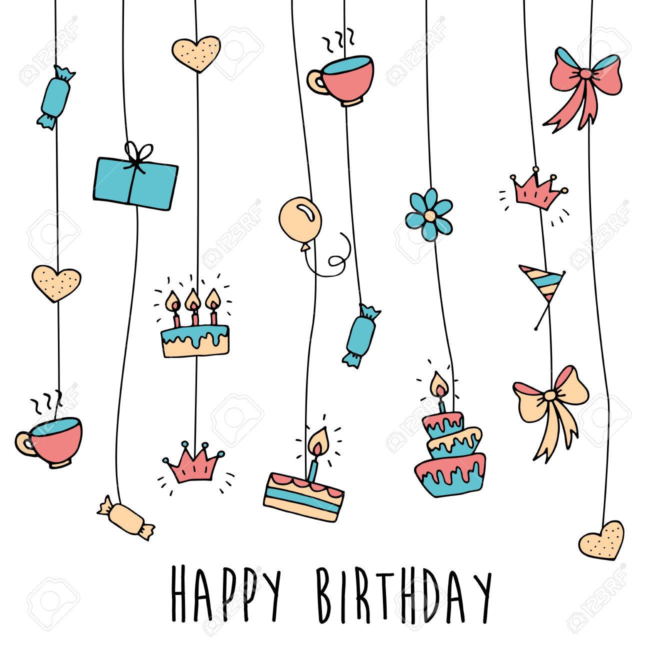 Fond De Vecteur Joyeux Anniversaire Bonbons D Anniversaire Dessines A La Main Eruptions De Fete Chapeaux De Fete Coffrets Cadeaux Et Arcs Guirlandes Et Ballons Notes De Musique Et Feu D Artifice Bougies Sur