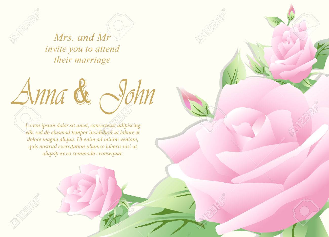 wedding card invitation card with rose flower on ivory background marriage card