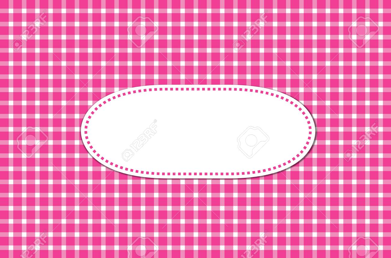 テーブル クロス背景の市松模様のピンクと白楕円形ラベル の写真素材 画像素材 Image