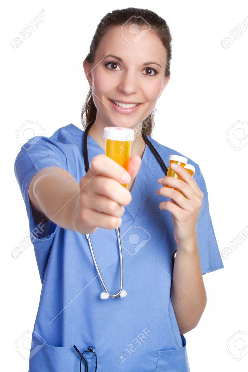 Nurse holding medicine pill bottle - 9105769 Nurse holding medicine pill bottle - 9105769
