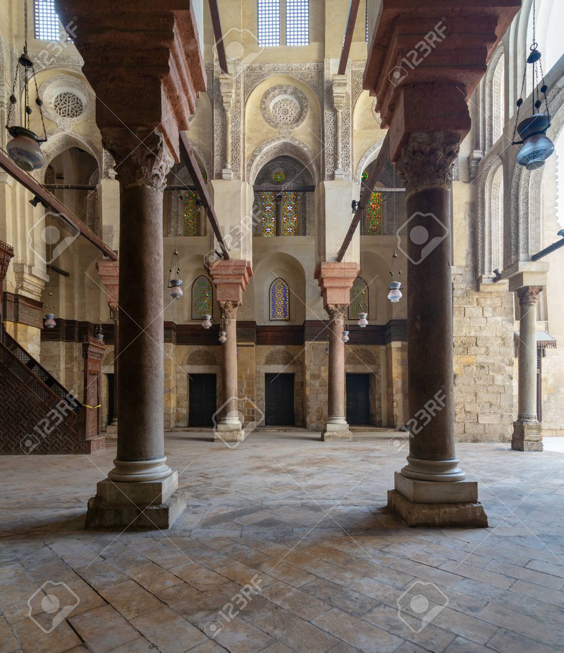 interior of sultan qalawun mosque with stone columns colored stone columns