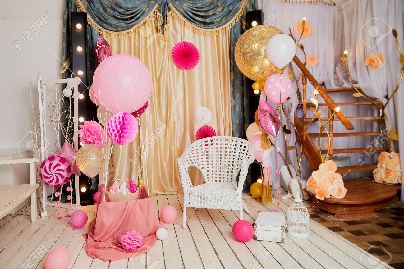 Interior Of A Living Room With Chair, Balloons And Flowers. Interesting  Location For The Photo Shoot In Pink Colour. Part Of Beautiful Living Room  In Home Stock Photo, Picture and Royalty Free, image size:1300x866