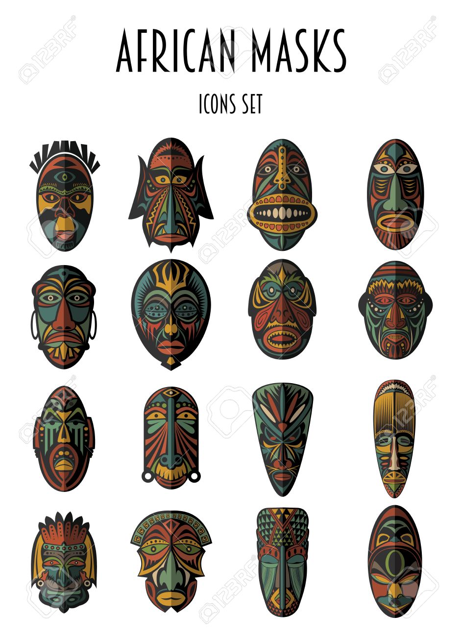 Set of African Ethnic Tribal masks on white background. Flat icons. Ritual symbols. - 51823575 Set of African Ethnic Tribal masks on white background. Flat icons. Ritual symbols. - 51823575