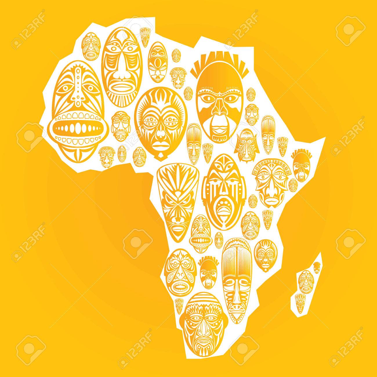 Download Map Of Africa With Vector Tribal Ethnic Masks In Yellow Background Royalty Free Cliparts Vectors And Stock Illustration Image 52258787 PSD Mockup Templates