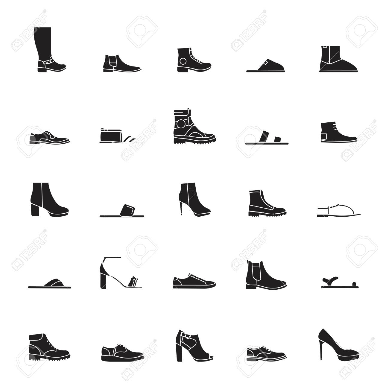 白い背景に隔離された靴のシルエットアイコン ブラックのシンプルなシルエットスタイルのブーツ スニーカー スリッパを使用したベクトルイラスト 現代のファッションオブジェクト のイラスト素材 ベクタ Image