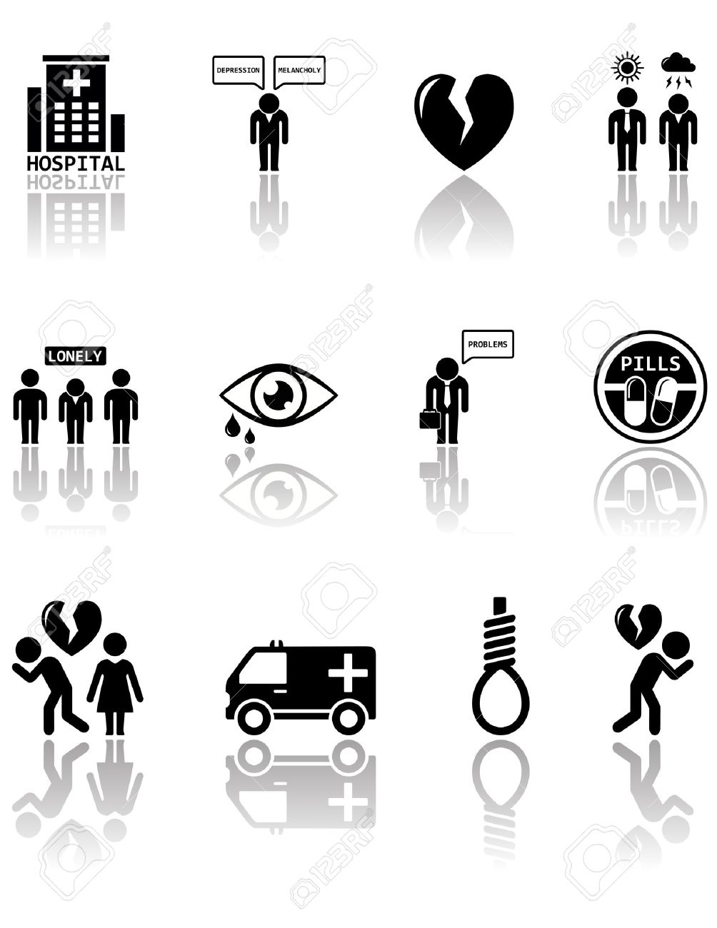 ミラー反射シルエット黒メンタルヘルス アイコンのセット のイラスト素材 ベクタ Image